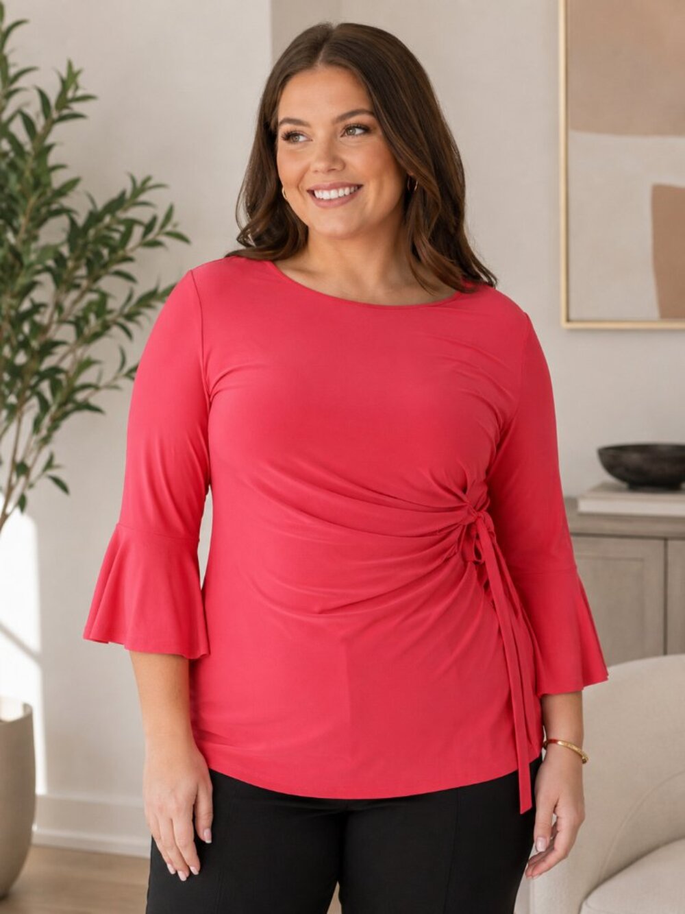 NY Collection Plus Size Cayenne Bell Sleeve Side Tie Top 2X NWT - Picture 2 of 6